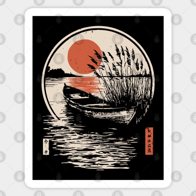 Peaceful Lake Boat Sunset Japanese Woodblock Fishing Nature Art Magnet by TuncGK